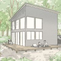 千葉県いすみ市岬町椎木の売買物件/「2階建」プランの、自然と遊ぶ暮らしを描いた参考スケッチ。