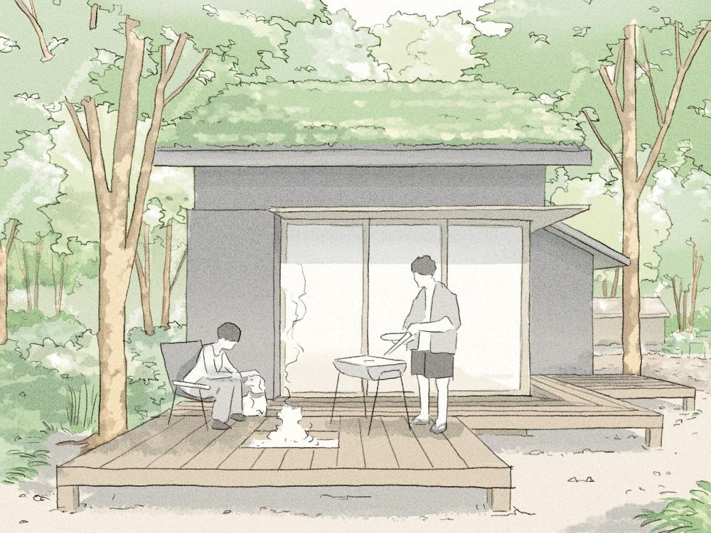 千葉県いすみ市岬町椎木の売買物件/「コンパクトな母屋」プランの外観参考スケッチ。＊ただし「小屋」プランを増築したりしている形状なので、ご用意しているプランとは多少異なります。