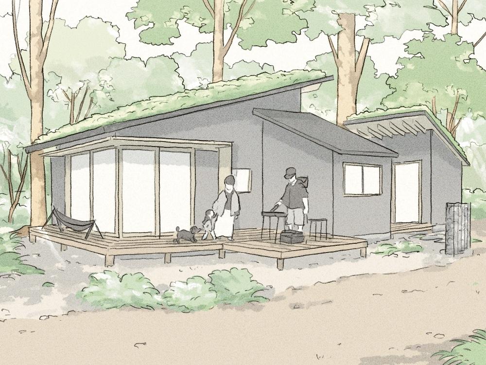 千葉県いすみ市岬町椎木の売買物件/「コンパクトな母屋」プランの外観参考スケッチ。＊ただし「小屋」プランを増築したりしている形状なので、ご用意しているプランとは多少異なります。