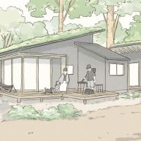 千葉県いすみ市岬町椎木の売買物件/「コンパクトな母屋」プランの外観参考スケッチ。＊ただし「小屋」プランを増築したりしている形状なので、ご用意しているプランとは多少異なります。