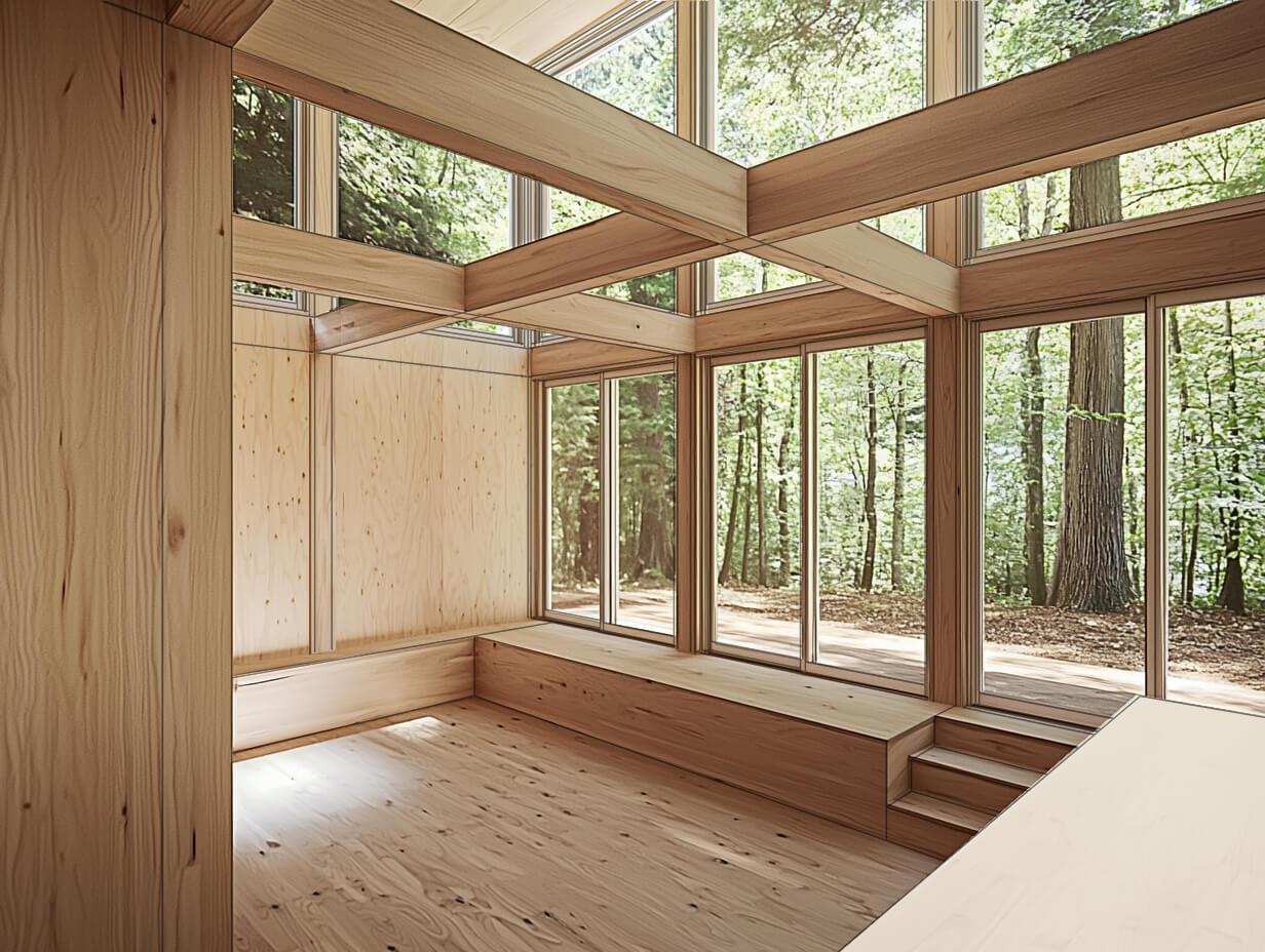 千葉県いすみ市岬町椎木の売買物件/「2階建」プランの内観参考パース。あえて数段床レベルを下げた2層吹き抜けで、森のシャワーをダイレクトに浴びるような気持ちいい空間。＊上記「MUJI HOUSE」の室内写真ではありません。