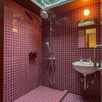 東京都江東区清澄の賃貸物件/ワインレッドのタイルに身を包むシャワールーム。なんと天窓付き