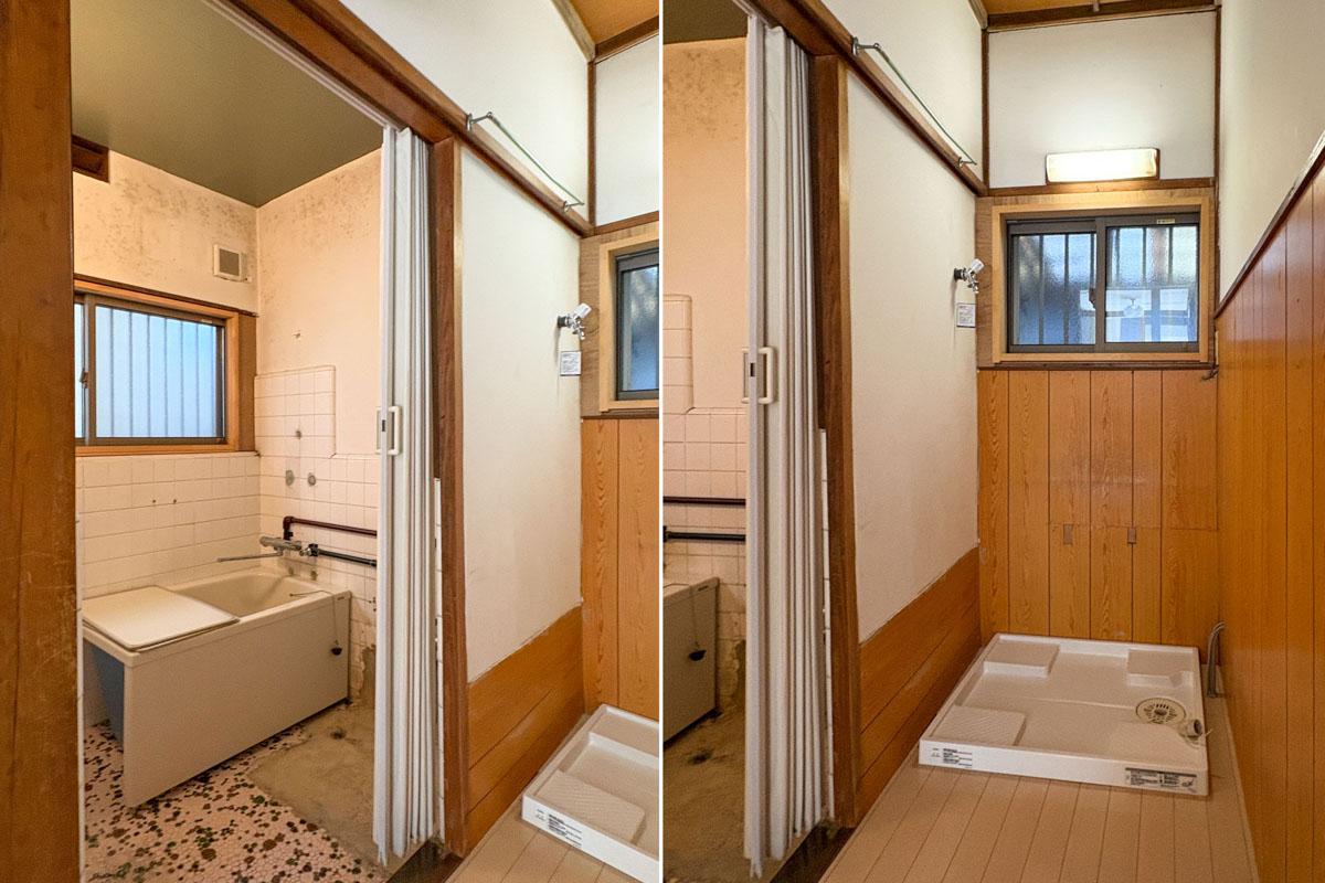 三鷹市井の頭の賃貸物件/1階　洗濯機置き場　浴室へはアコーディオンカーテンのみで仕切られている
