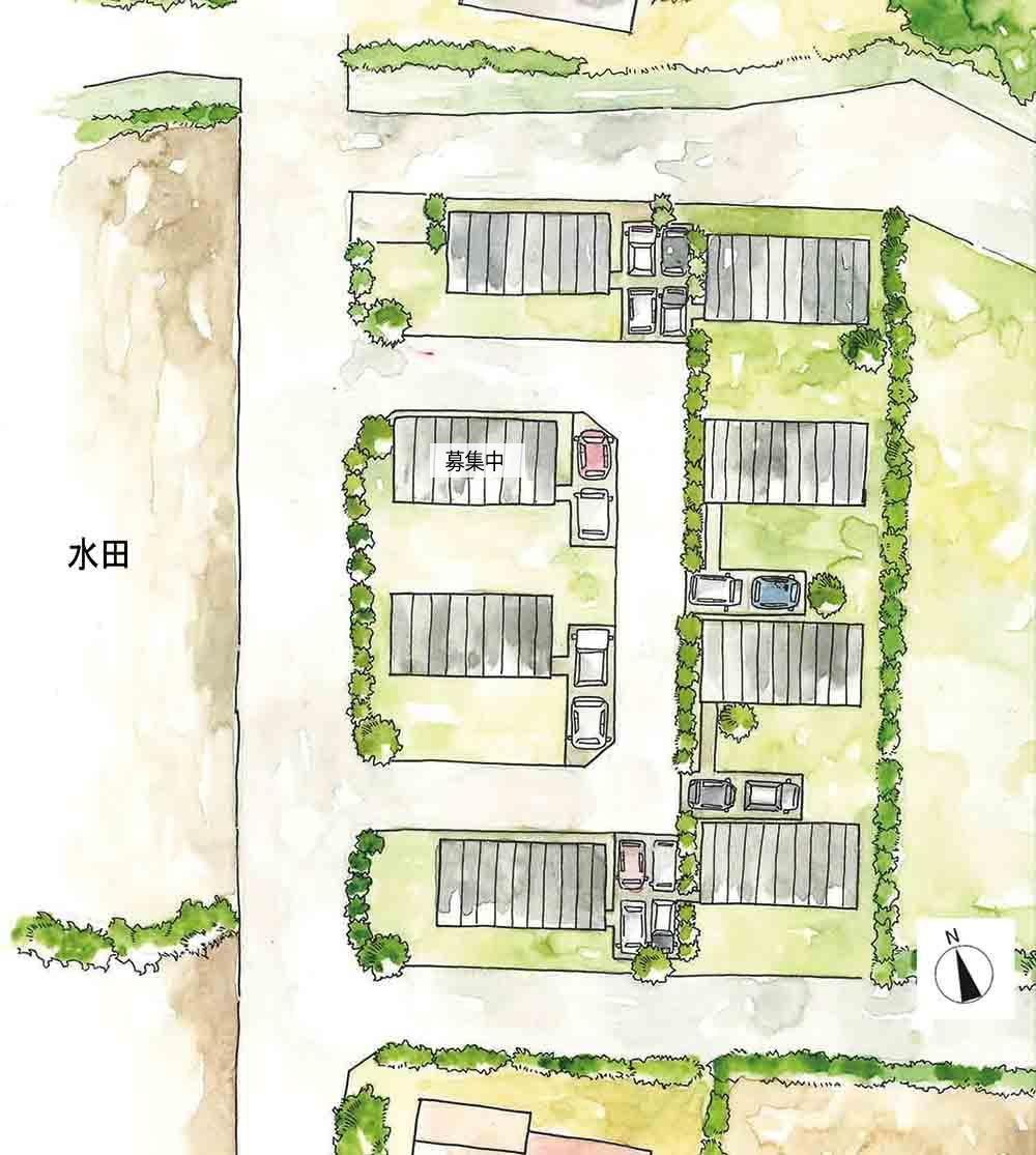 茨城県桜川市犬田の賃貸物件/敷地図。8棟の平屋が並びます。どの棟にもお庭と2台分の駐車場がついています