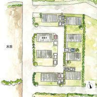 茨城県桜川市犬田の賃貸物件/敷地図。8棟の平屋が並びます。どの棟にもお庭と2台分の駐車場がついています