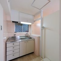 港区赤坂の賃貸物件/キッチンと洗濯機置き場。キッチンはコンロを置くと調理スペースがありません・・・