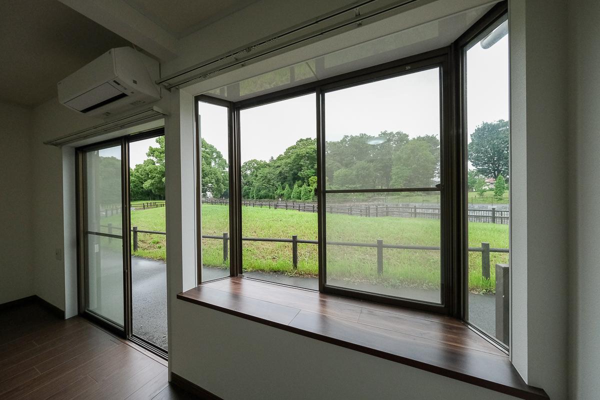 杉並区堀ノ内の賃貸物件/窓の外に、川沿いの緑地や公園の景色が広がる部屋