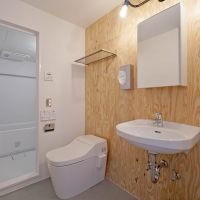 新宿区西早稲田の賃貸物件/ラーチ合板が印象的な水回り