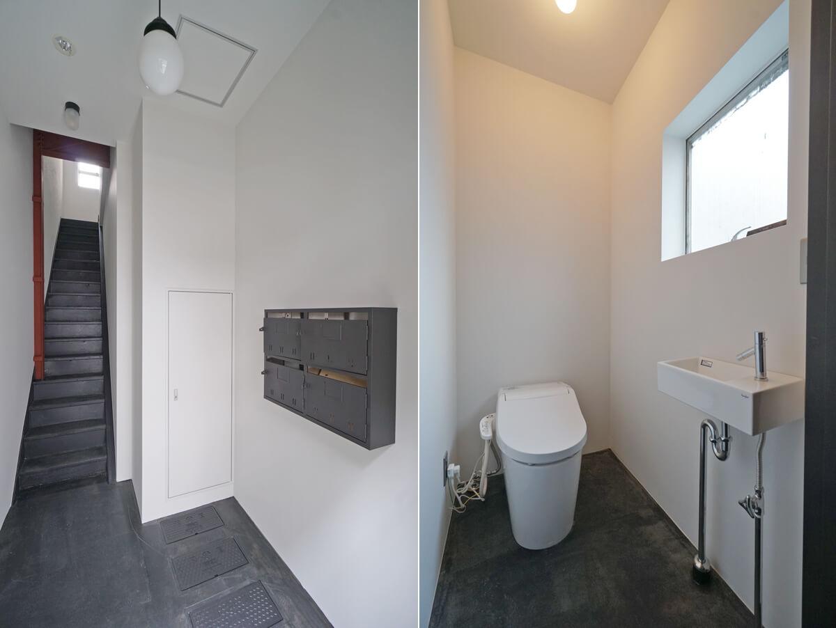 中央区日本橋馬喰町の賃貸物件/1階ポストはアイアン塗装／2階と3階に共用トイレがあります