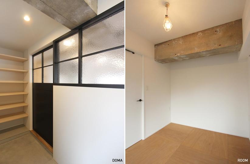 (左)広めの玄関。内窓によって光を通すデザインも素敵 (右)個室はシンプルに、床は合板の床