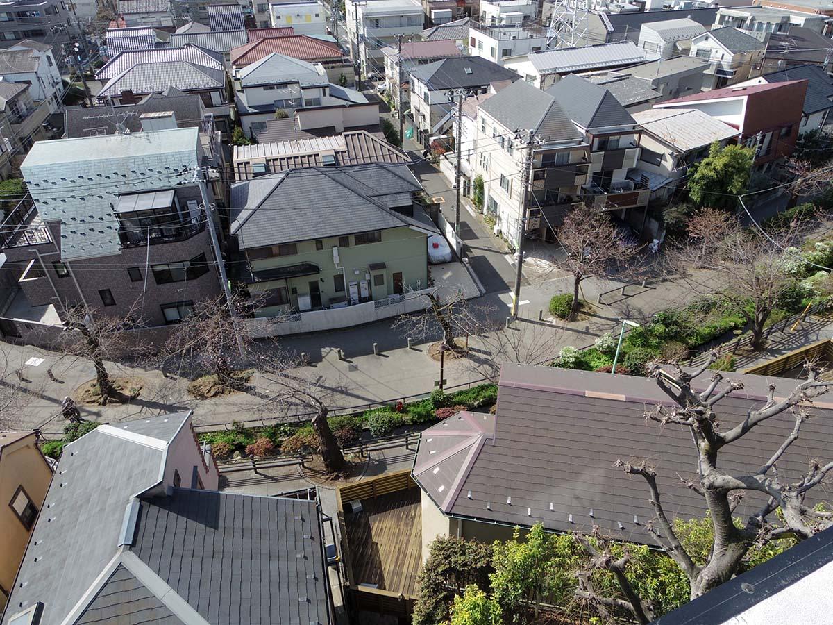 室内から下を見渡すと緑道が見えます