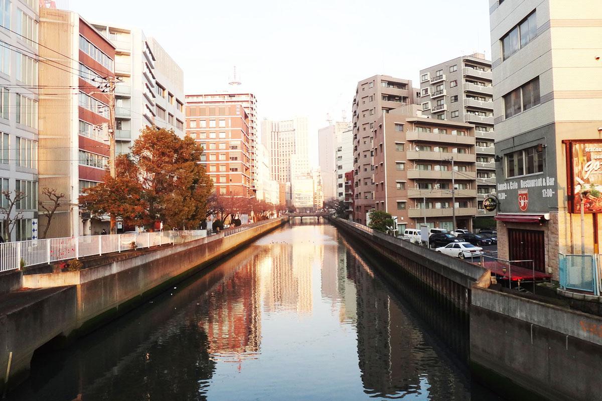 目の前には川が流れています。川沿いには桜が立ち並び春にはピンク色に染まります