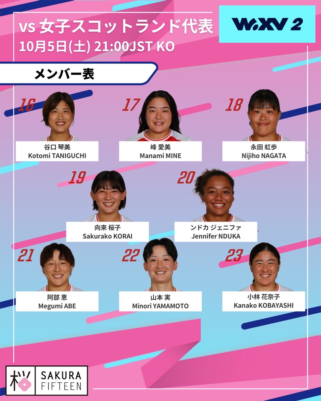 10/5）女子日本代表 WXV2 スコットランド代表戦 試合登録メンバーの