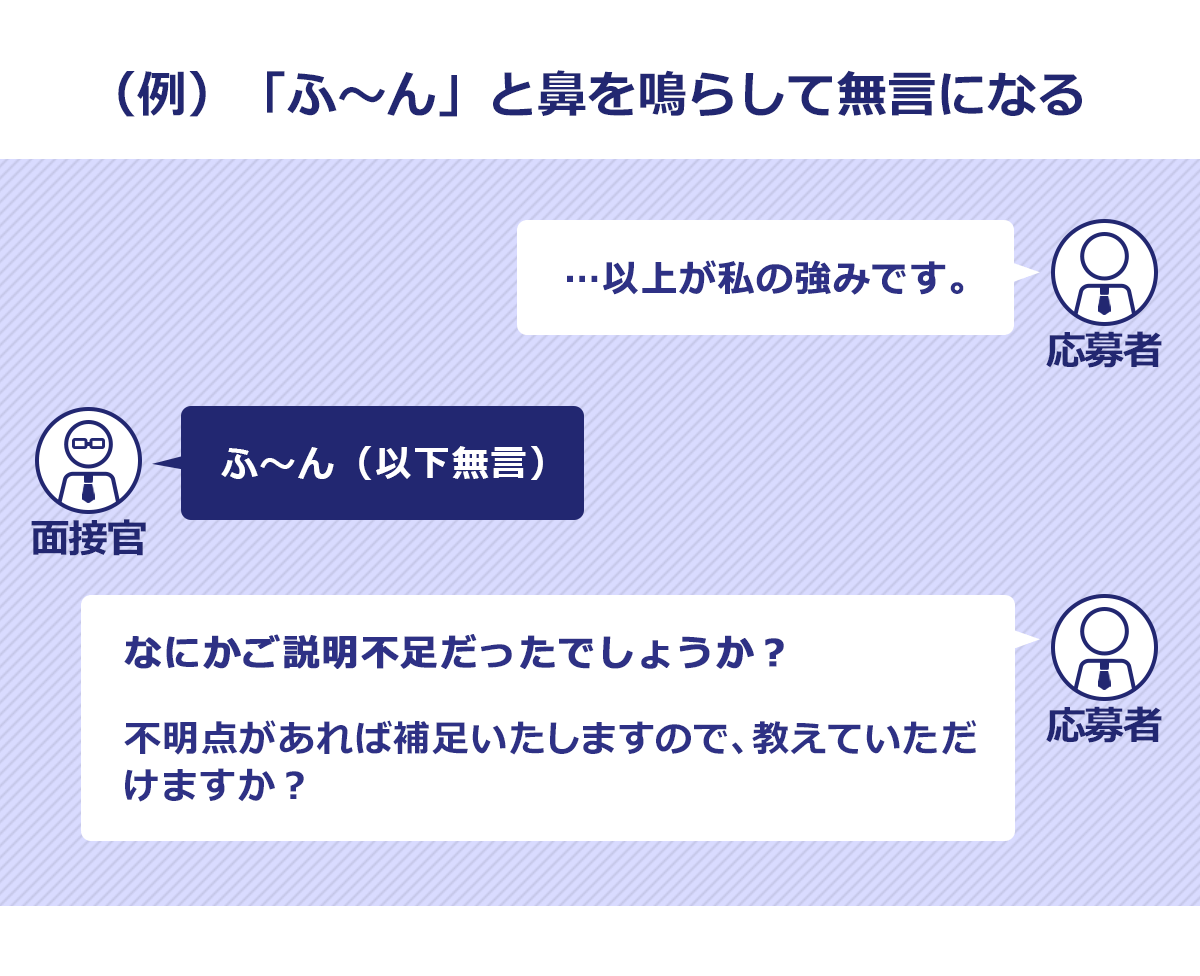 圧迫面接の例5。「ふ～ん」と鼻を鳴らして無言になる：応募者 「……以上が私の強みです」面接官 「ふ～ん（以下無言）」応募者 「なにかご説明不足だったでしょうか？　不明点があれば補足いたしますので、教えていただけますか？」