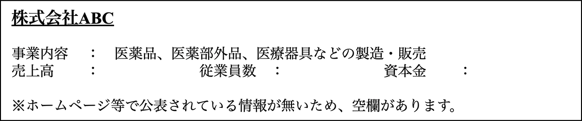 【職務経歴書】株式会社ABC｜事業内容：医薬品、医薬部外品、医療器具などの製造・販売／売上高：　　／従業員数：　　／資本金：　　／※ホームページ等で公表されている情報が無いため、空欄があります。