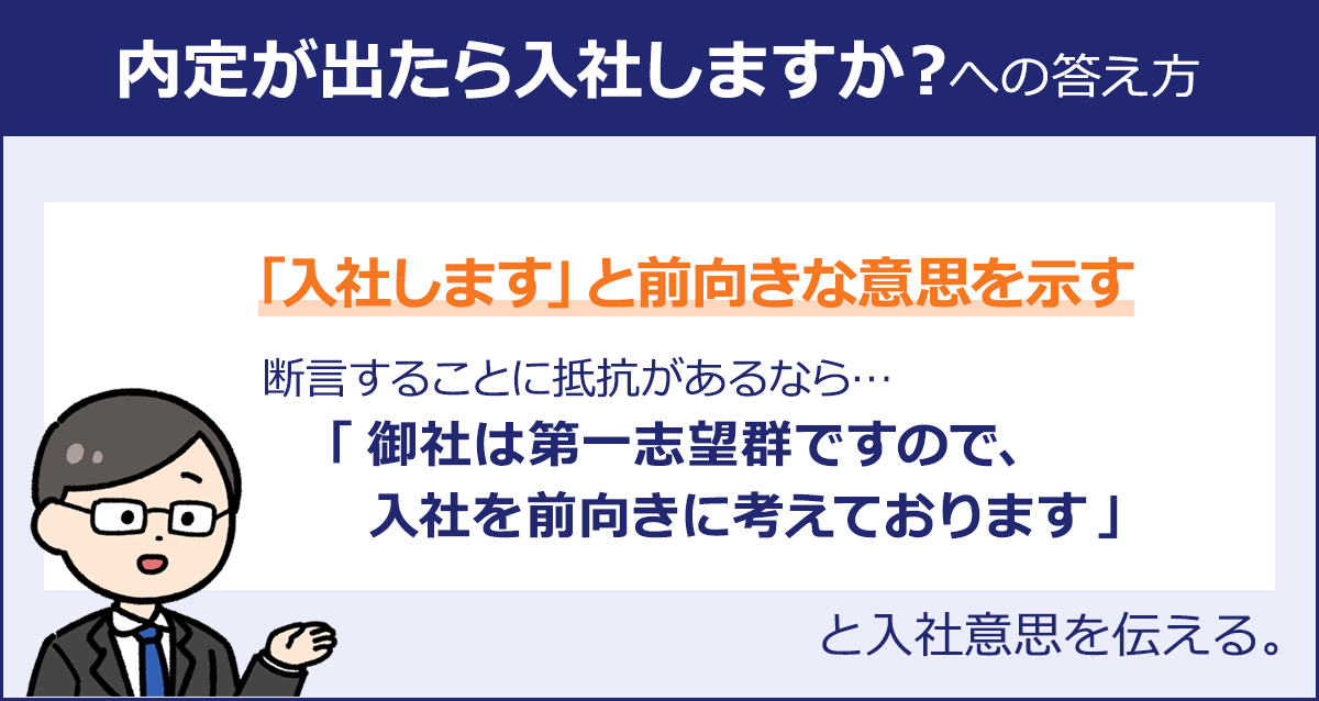 【内定が出たら入社しますか？への答え方】「入社します」と前向きな意思を示す／断言することに抵抗があるなら...「御社は第一志望群ですので、入社を前向きに考えております」と入社意思を伝える。