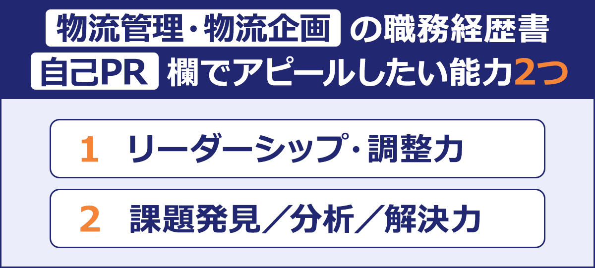 ～物流管理・物流企画の職務経歴書｜自己PR欄でアピールしたい能力2つ～1 リーダーシップ・調整力｜2 課題発見／分析／解決力