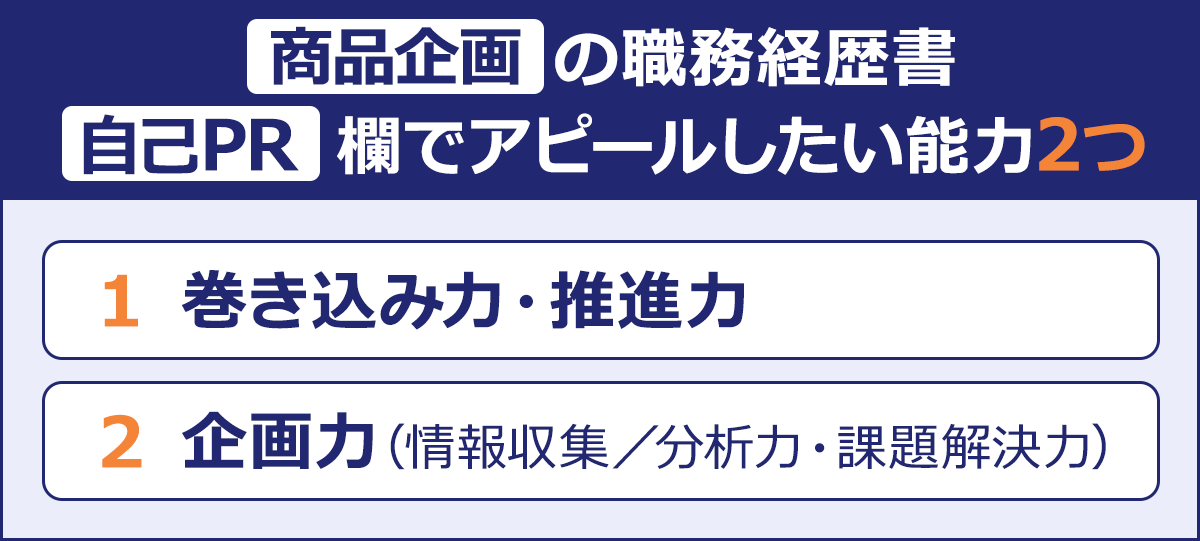 ～商品企画の職務経歴書　自己PR欄でアピールしたい能力2つ～｜1 巻き込み力・推進力｜2 企画力（情報収集／分析力・課題解決力）