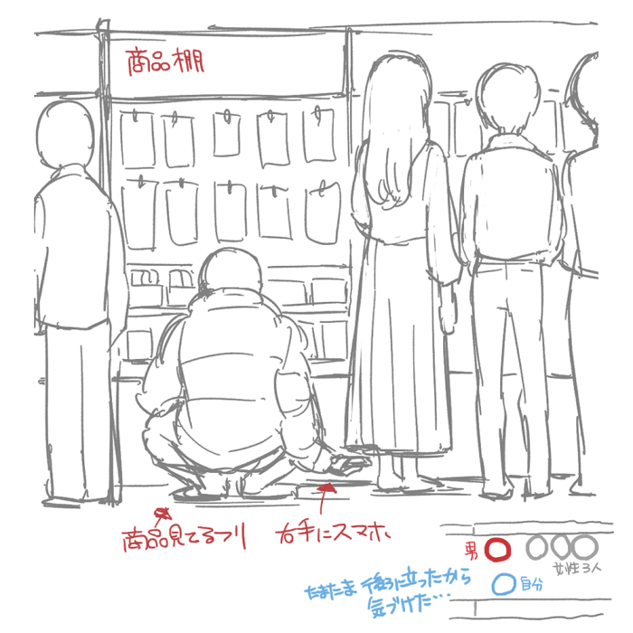 隣に誰かしゃがんだ時は警戒してほしい… たまたま後ろに立って順番待ちしてたから気づけました…店内が混んでたのもありますが横から見ただけだと多分気づかなかったです 