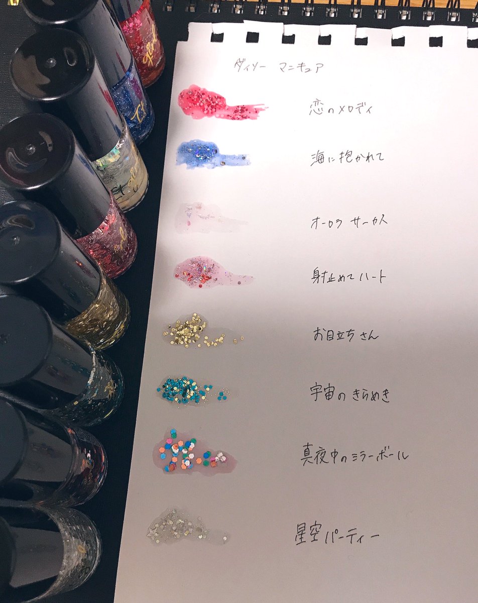 ダイソーのマニキュアが全種類揃ったので 全部使って塗ってみた という絵 