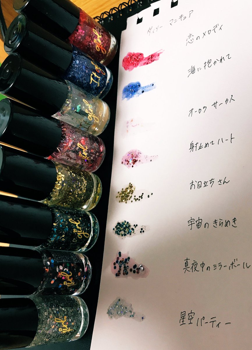 ダイソーのマニキュアが全種類揃ったので 全部使って塗ってみた という絵 