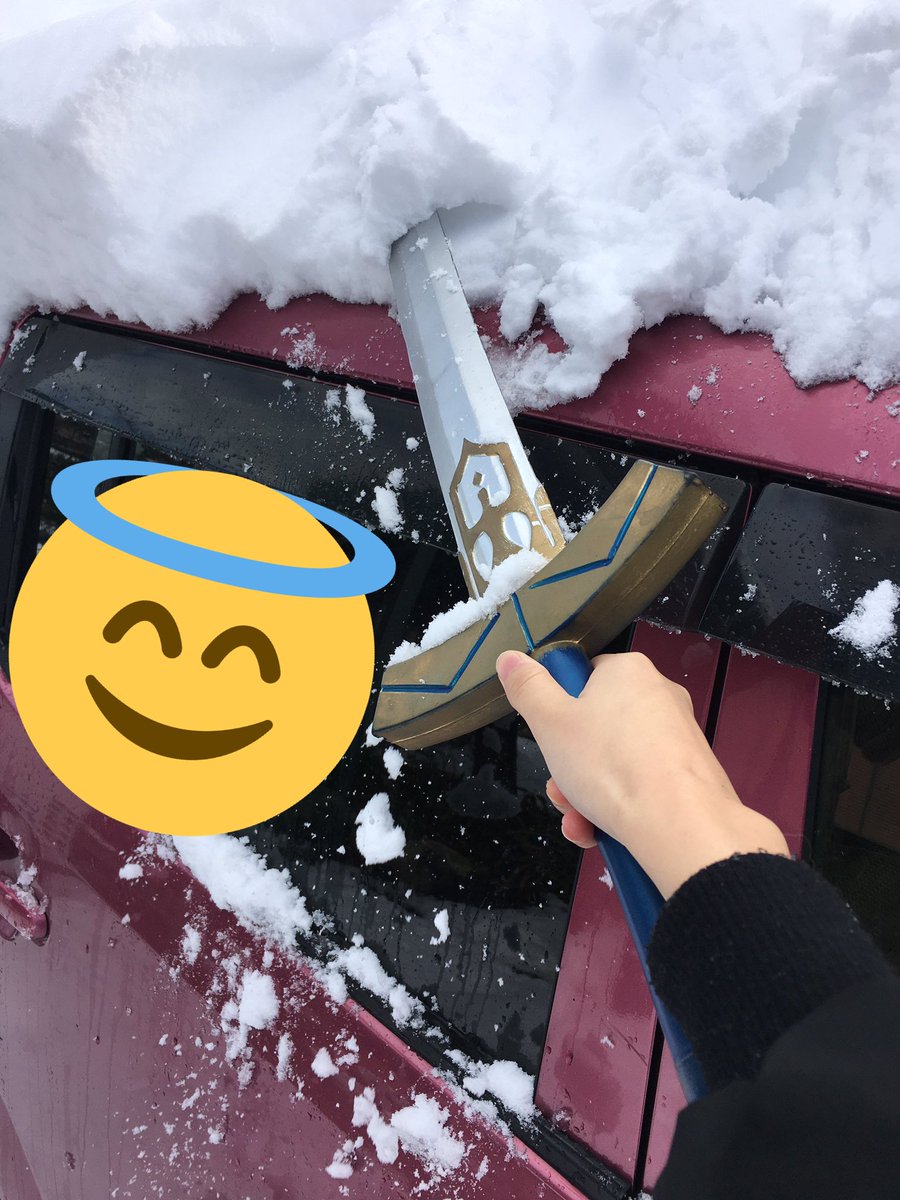 オギャャァァァァ😭😭😭😭😭😭😭😭😭😭（雪かきできるもの積んでなかったので車にあったエクスカリバーで雪かきしてる） 