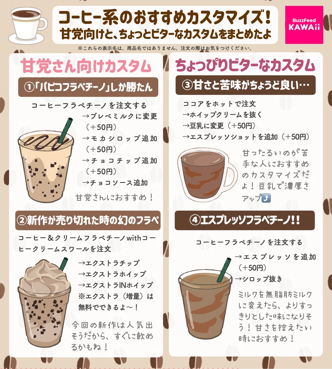 スタバの新作レビューと、コーヒー系のおすすめカスタムをまとめました☕️  甘党さん向けと、ビターなカスタムがあるよ