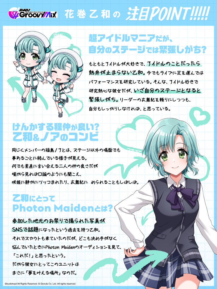 D4DJ Groovy Mixキャラ図鑑#11 花巻乙和(CV.#岩田陽葵)ってどんな子❓ #アイドルマニア🎤💕 #ただし自分のステージは緊張しがち💦 #ノアとは良いコンビ❓ #D4DJ #グルミク #PMaiden 💿