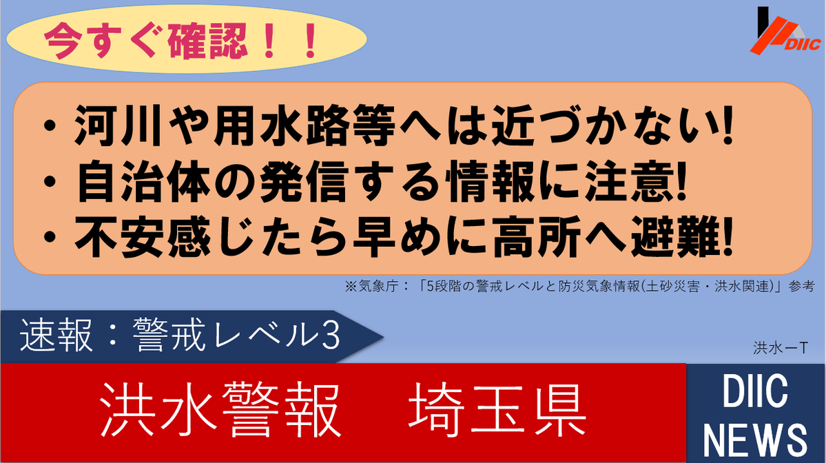 【洪水警報発表 埼玉県:追加】 現在、埼玉県に【洪水警報】が発表されています