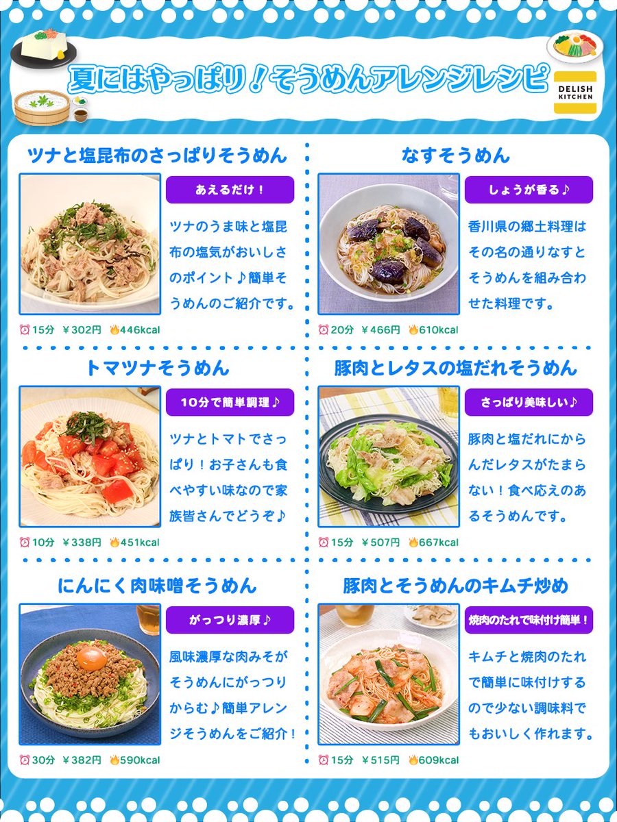 そうめんアレンジレシピまとめ】 さっぱりしていてクセがないそうめんのレシピを紹介♪  時短でサッと作れるのでランチにもオススメ🙆🏻‍♀️ さっぱりからガッツリまでアレンジレシピを集めました👍  ▼詳しいレシピは #デリッシュキッチン アプリで検索