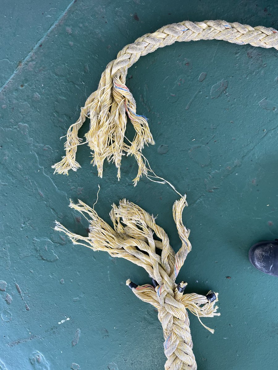 よく聞く「船のロープは危ないぞ」っての身をもって知った 巻いてたら直径50mmの係船索が爆音と共に切れ、頭を掠めた 風を感じる近さ、衝撃で少し右に居たら間違いなく首飛んで死んでた 練習船で言われた「ロープの飛ぶ方向に立つな」ってのを守っててよかった 間違いなく人生で一番死ぬかと思った瞬間 