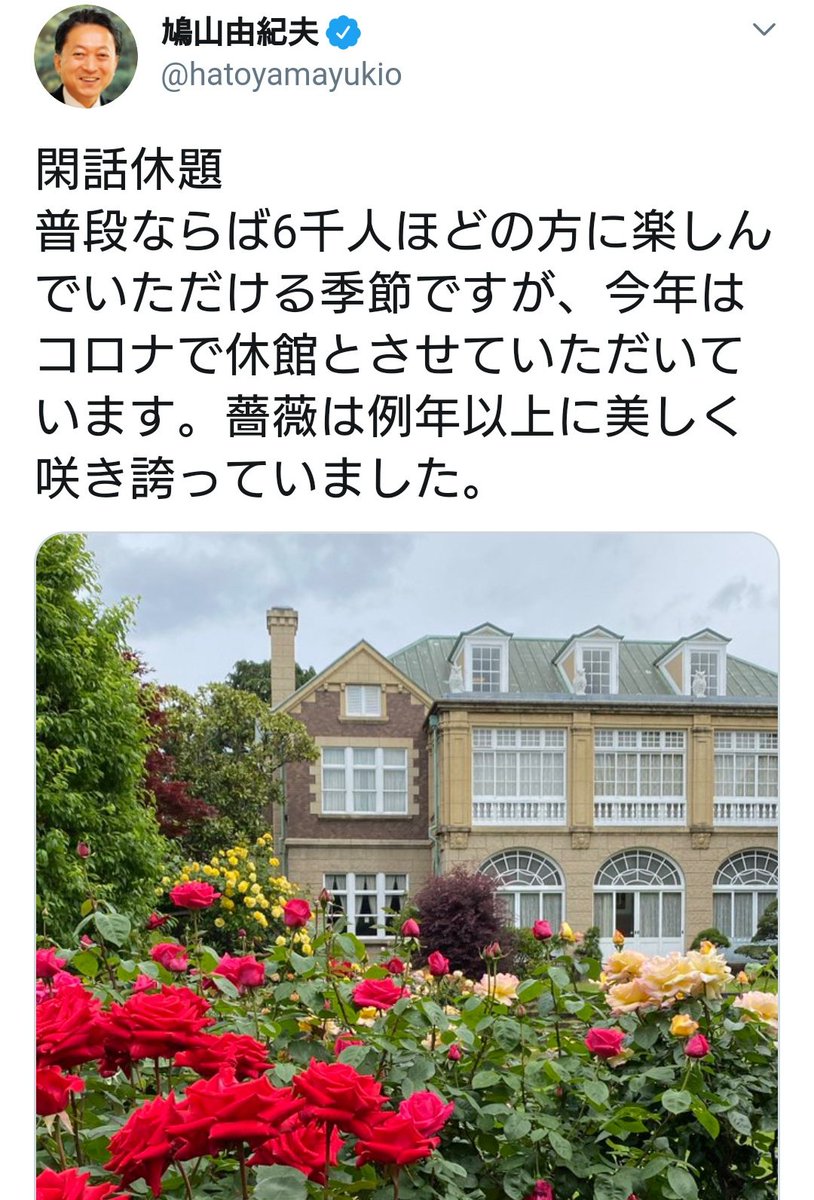 鳩山さん「バラがキレイです」 ↓ ネトウヨ「鳩山が外出している