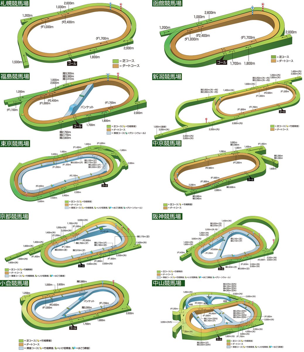ウマ娘のゲーム内だとレース場の構造とかルートとか俯瞰で見られる場面がないのでピンときてなかったけどこうして見ると確かに中山の直線は短いし、坂道は思ったよりも多かった 