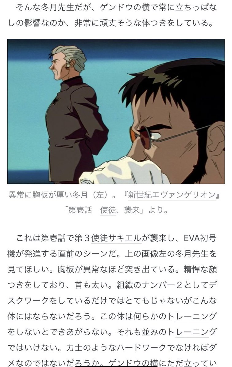 各個人のブログにおいて多種多様なエヴァの考察がなされるなか、冬月のたくましい胸板にだけ焦点をあてた記事を見つけてめちゃ笑ってる