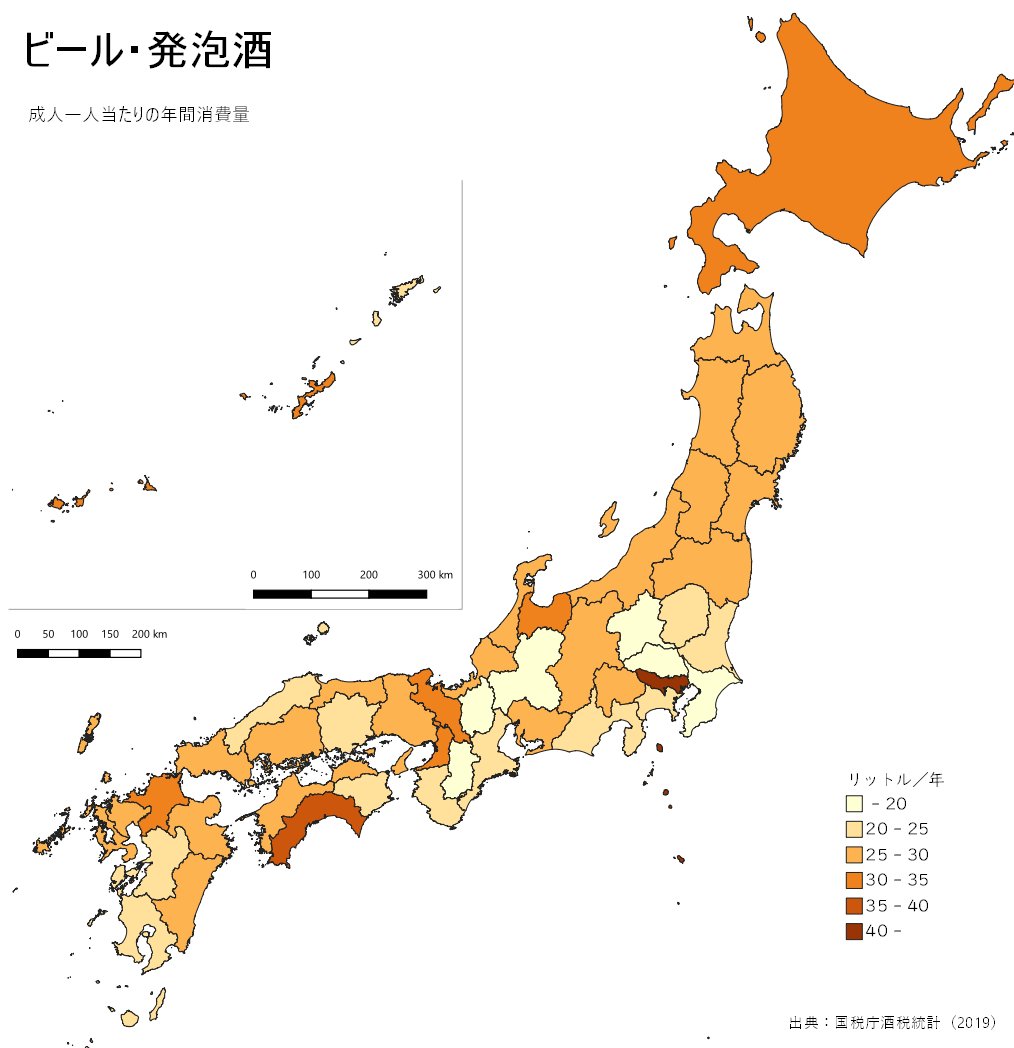 お酒の種類ごとに、成人1人当たりの酒類消費量を地図にしてみた