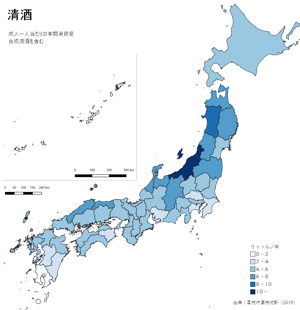 お酒の種類ごとに、成人1人当たりの酒類消費量を地図にしてみた