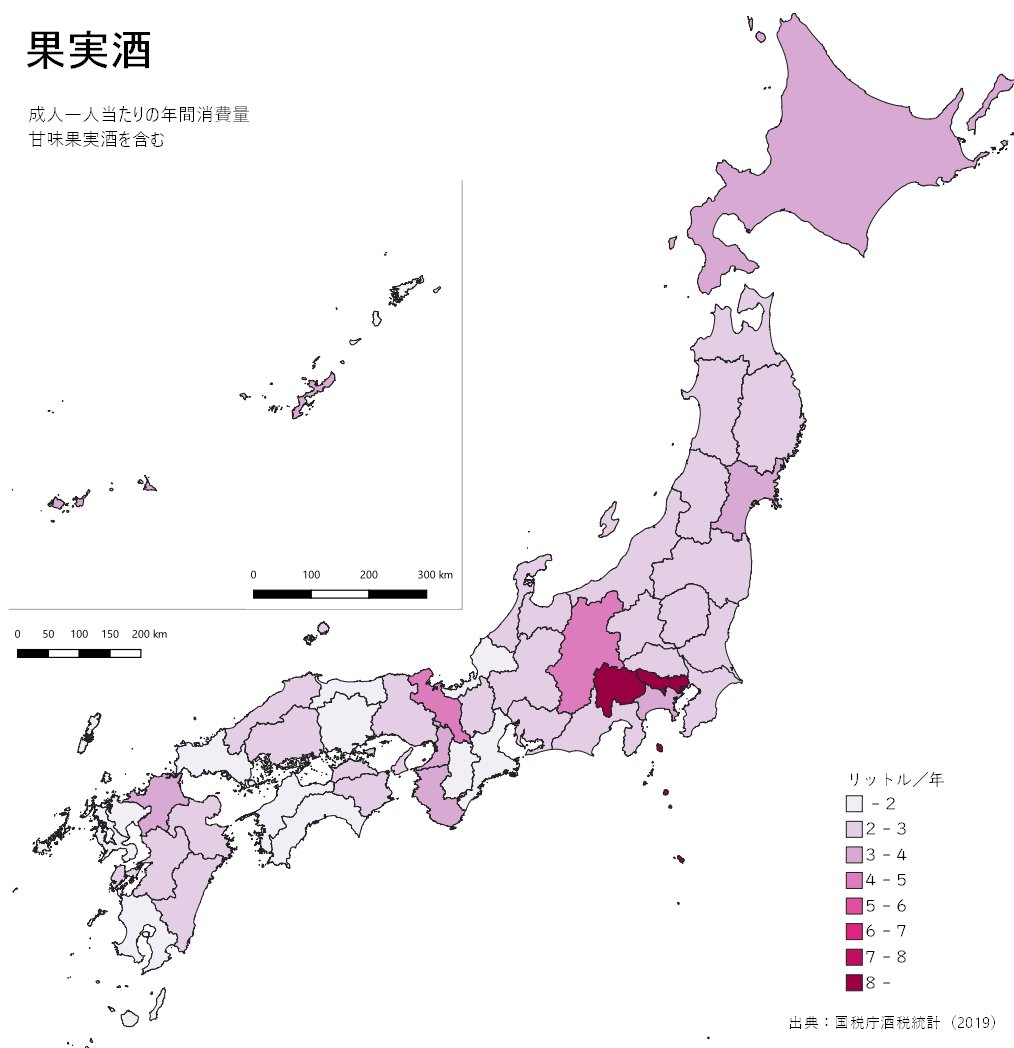 お酒の種類ごとに、成人1人当たりの酒類消費量を地図にしてみた