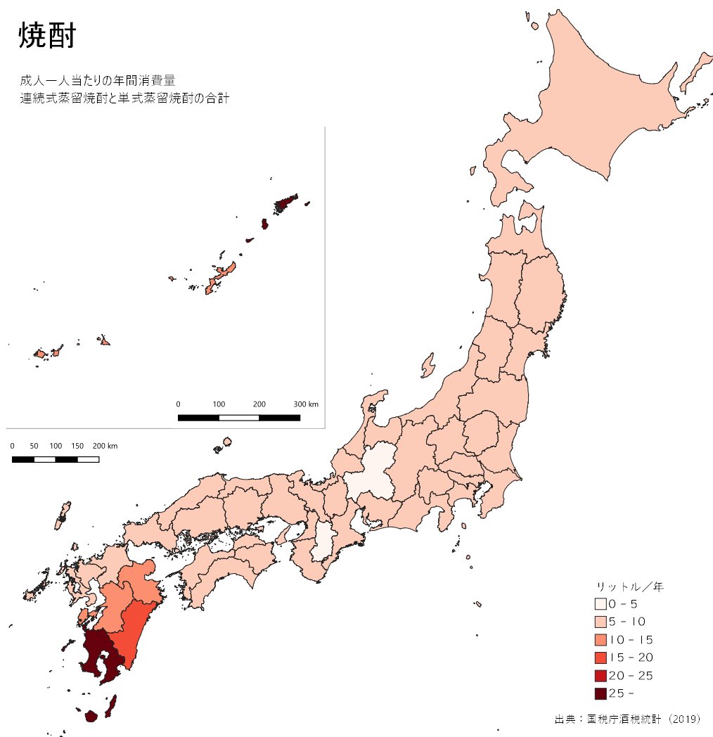お酒の種類ごとに、成人1人当たりの酒類消費量を地図にしてみた
