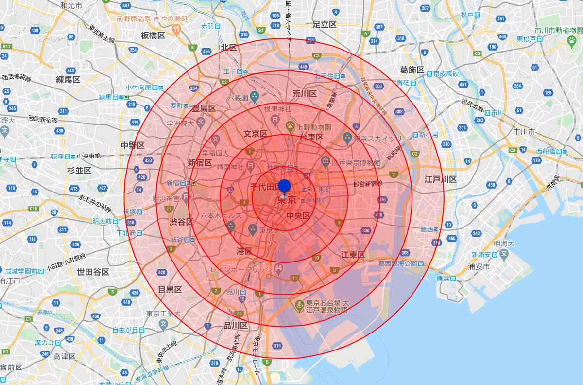 (中心は東京駅、なんば駅、京都駅、博多駅) 東京タワーやスカイツリー、下北沢も含まれ、ユニバーサルスタジオも京都の観光名所も福岡の主要施設も範囲内