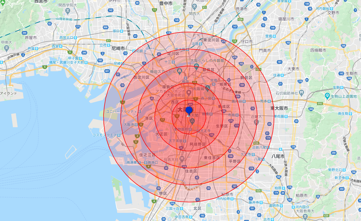 (中心は東京駅、なんば駅、京都駅、博多駅) 東京タワーやスカイツリー、下北沢も含まれ、ユニバーサルスタジオも京都の観光名所も福岡の主要施設も範囲内