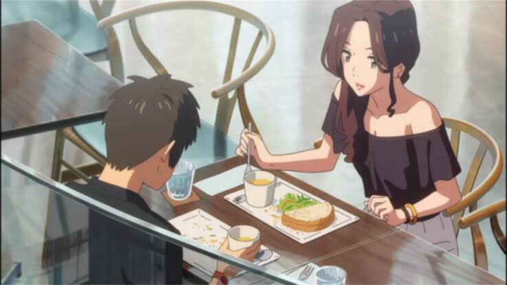 で個人的グッとくるシーンは、入れ替わってない瀧君と奥寺先輩のデートでの食事シーンです