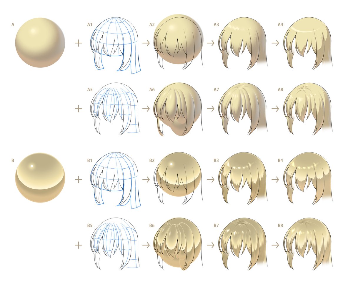 球体から由来した髪の塗りをいくつ描いてみました 
