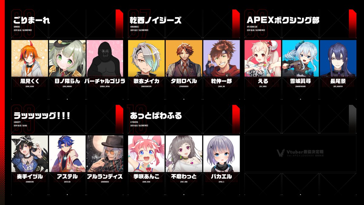 VTuber最協決定戦 ver. APEX LEGENDS Season2 出場チーム一覧  #VTuber最協決定戦S2 