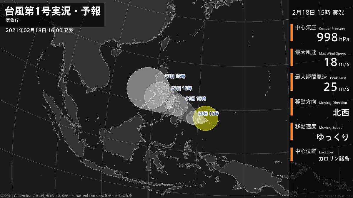 【台風第1号実況・予報 2021年02月18日 15:55】 台風第1号（ドゥージェン）が発生しました