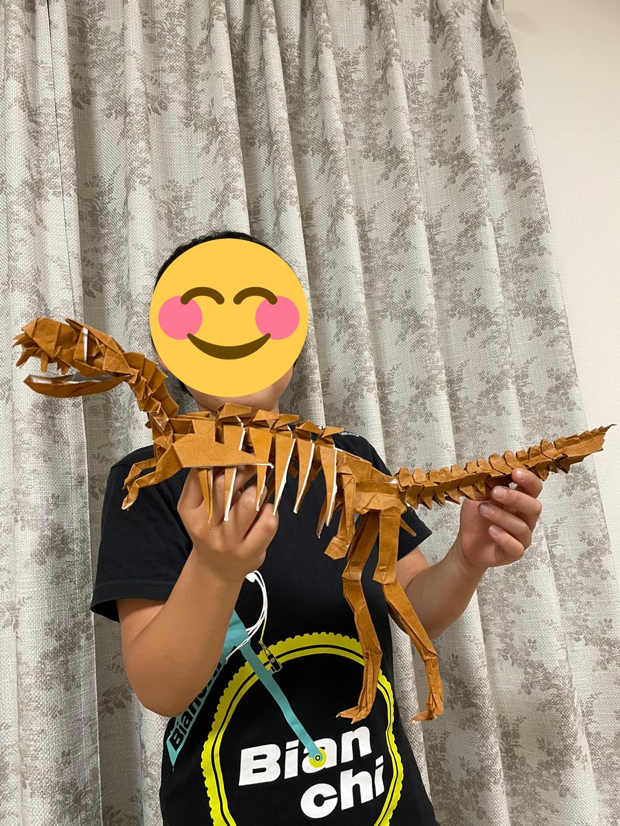 小学３年生の息子が、お小遣いで買った折り紙で、一人で完成させたティラノサウルスの全身骨格です