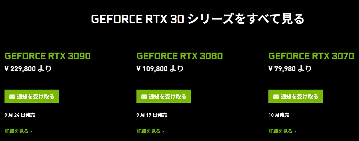 ・RTX 3090(23万円 / 3080の20%増し / 24GB VRAM) ・RTX 3080(11万円 / 2080の2倍性能 / 10GB VRAM) ・RTX 3070(8万円 / 2080 Ti超え / 8GB VRAM)