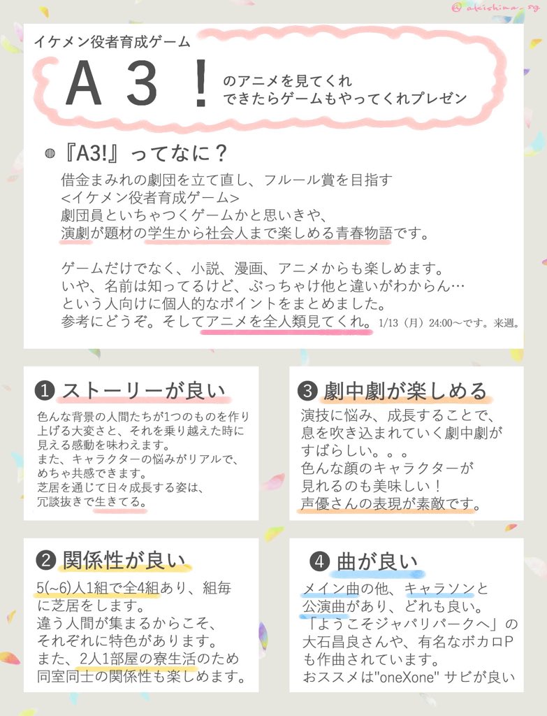 アニメ直前&公演スト解放ということで、布教画像を作りました 程よい現実感で今日を生きる元気をくれる女性向けゲーム A3!のアニメをみんな見よう #エースリー #エーアニ 