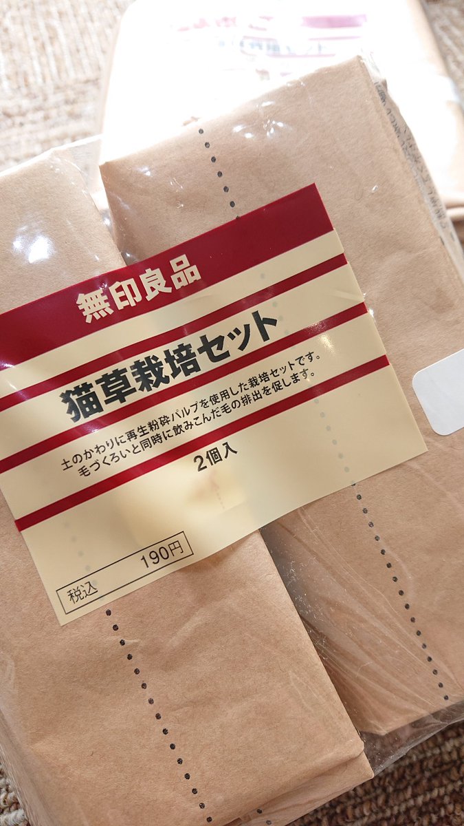 そういえば無印良品の猫草栽培キット、開封してお水流すだけで滅茶苦茶健康的な猫草が生えてきて我が家の猫達に大人気なので猫ちゃんがおるお家にオススメです…土で汚れる心配なし、お値段も190円で2袋入っておるのでなかなか良い…!!!!!🐈️草が生えた後は霧吹きすると長続きするぞ～!!!!!🐈️🌿🐈️ 