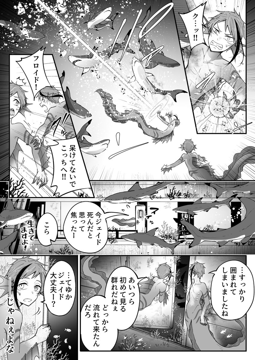 稚魚ジェイドとフロイドが沈没船でサメに襲われる漫画