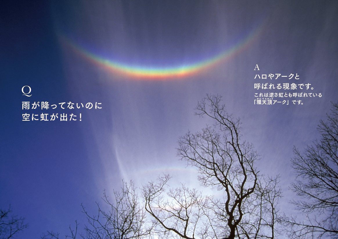 氷雲で生まれる大気光象． 今日は各地でハロや環水平アーク，幻日環に出会われた方が多いようです．22度ハロや22度幻日，幻日環，環天頂アーク，上部タンジェントアーク，上部ラテラルアークなどなど，空の虹色と太陽との位置関係からその現象の名前を確認してみましょう．#雲を愛する技術 #雲の教室 